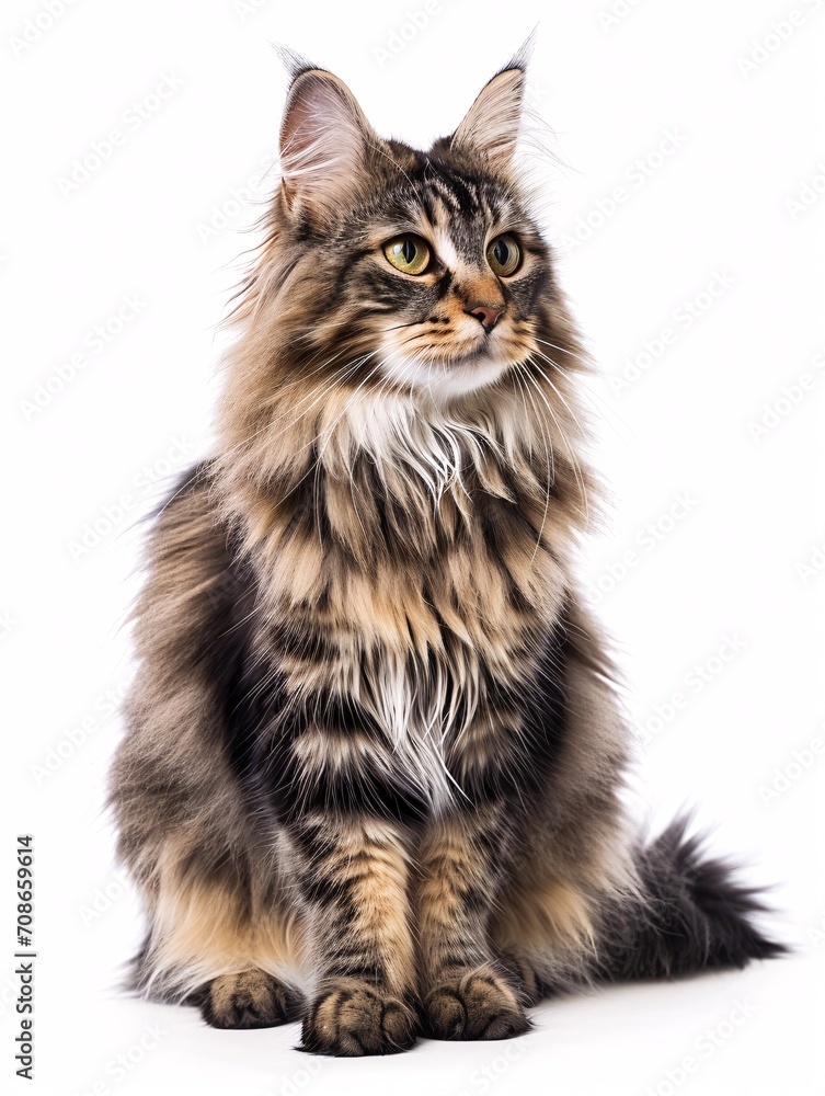 Long-haired feline sitting and gazing to the side in a full-body shot against a white backdrop. Long-haired feline sitting and gazing to the side in a full-body shot against a white backdrop.