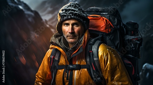 Determined mountaineer braving the elements, adventure in the wild. man on a mountain expedition. AI © Irina Ukrainets