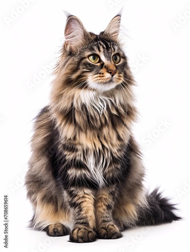 Long-haired feline sitting and gazing to the side in a full-body shot against a white backdrop.