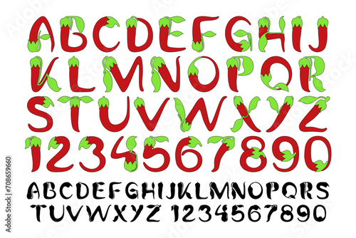 Alphabet in red chili style, collection of capital letters and numbers isolated on white.