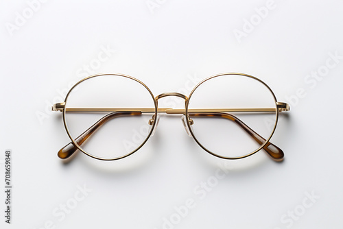 A pair of vintage glasses with golden frames, elegantly positioned on a clean white surface, highlighting their timeless and sophisticated design.