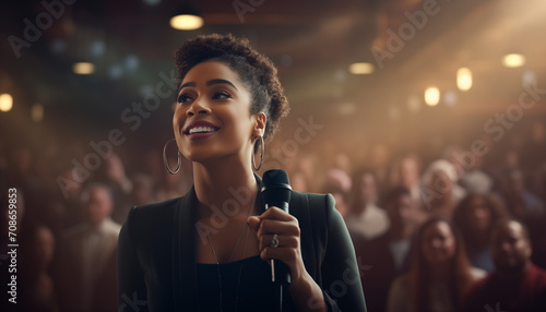 A confident beautiful black woman speaking publicly with a mic to a large audience