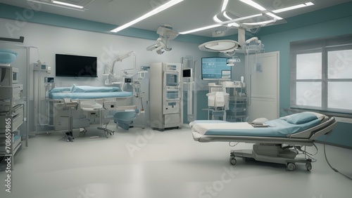 Modern empty hospital room equipped with medical technology. sterile medical environment with monitors. AI