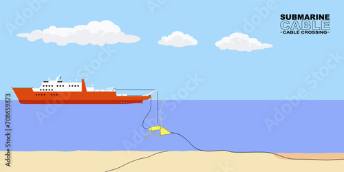 Illustration of submarine cable, technical cable laying at cable crossings.