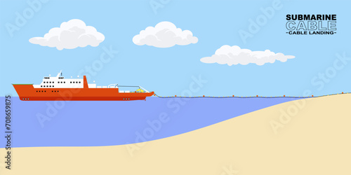 Illustration of a submarine cable, cable landing at the landing point.