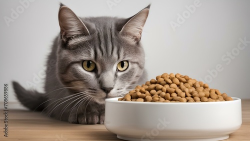 Grey tabby cat eyeing a bowl of dry food. hungry pet anticipating mealtime. AI