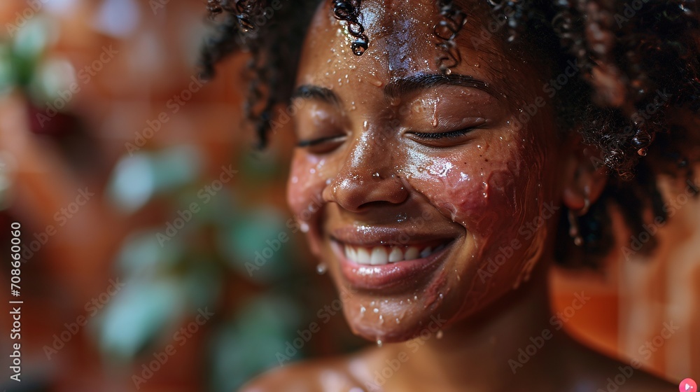 A youthful black girl with radiant complexion cleanses her face using beauty product, grinning and gazing upwards while relishing the supple sensation from a hydrating facial treatment.