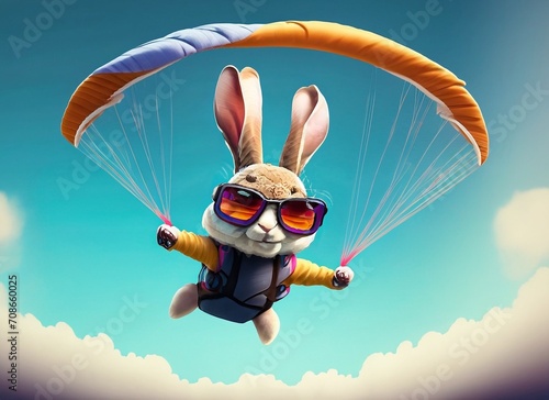 cheerful bunny paragliding suitable as a background or cover