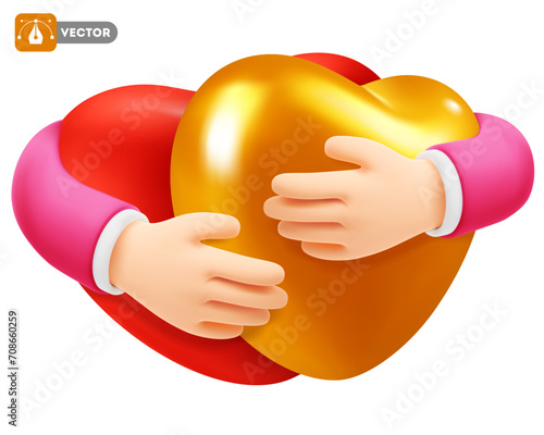Cute 3d realistic hands hugging two large hearts, red and gold. Cartoon hearts embrace. Concept of love, Valentines Day celebration, friendship, togetherness. Vector illustration