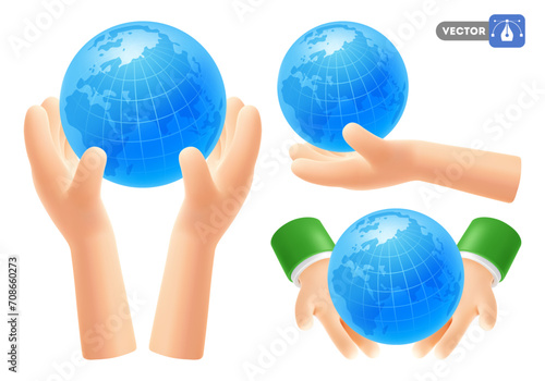 Set of cute cartoon 3d realistic hands holding globe or planet Earth. Concept of ecology, environment, green energy, World Environment Day, 22 April, save the planet. Vector illustration