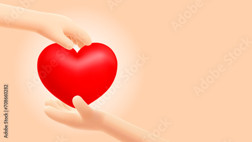 Cute cartoon 3d realistic heart passed from hand to hands on beige background. Conceptual banner for Valentines Day, 14 February, donation or charity, cardiology and health care. Vector illustration