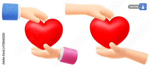 Cute cartoon 3d realistic heart passed from hand to hands. Concept of love, Valentines Day, 14 February, passion, donation or charity. Isolated on white vector illustration