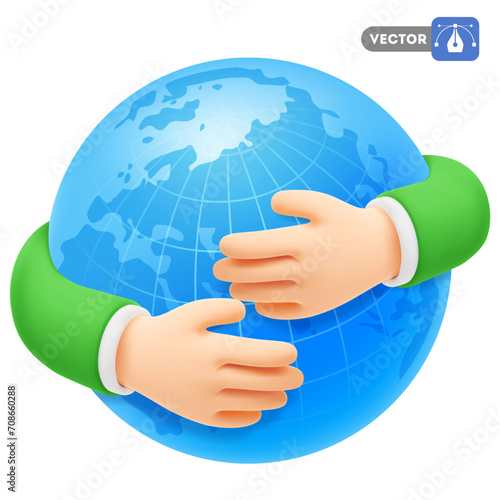 Cute cartoon 3d realistic hands hugging globe or planet Earth. Concept of ecology, environment, green energy, World Environment Day, 22 April, save the planet. Vector illustration