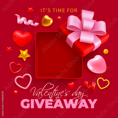 Valentine's day giveaway banner template. Cute cartoon 3d realistic open gift box on red background with hearts and tinsel. Flat lay composition. Vector illustration