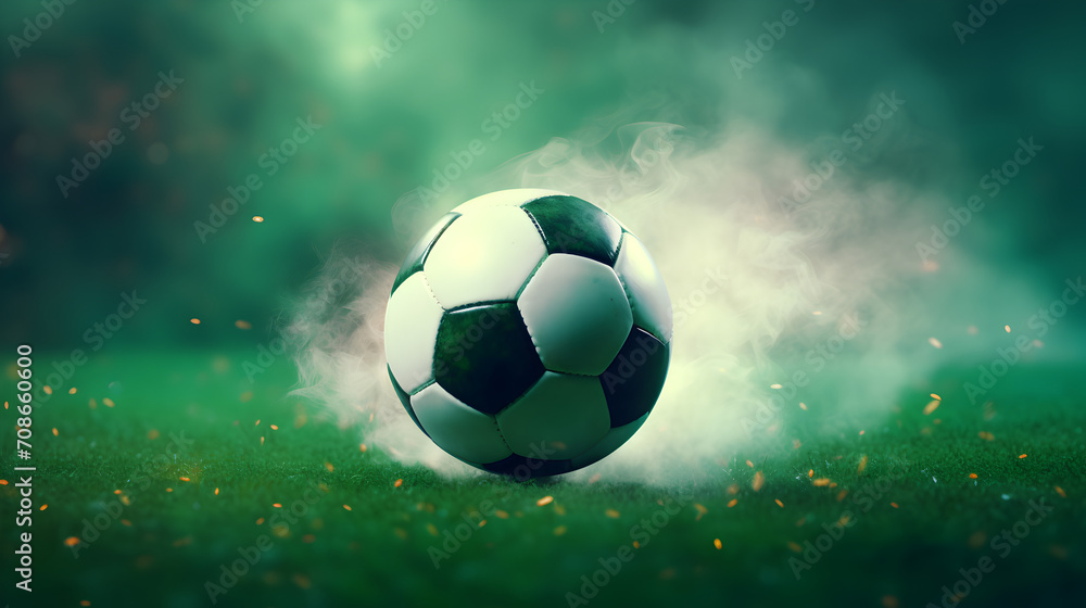 soccer ball on green grass with smoke