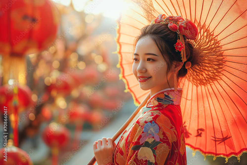 Beautiful young Asian woman in traditional Chinese clothes celebrating Chinese new year Beautiful young Asian woman in traditional Chinese clothes celebrating Chinese new year