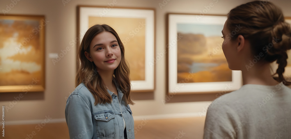 An art gallery scene with a girl appreciating artwork, with the pieces on the walls softly blurred An art gallery scene with a girl appreciating artwork, with the pieces on the walls softly blurred