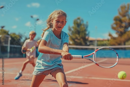 Cute little girl playing tennis with her friends on a sunny day