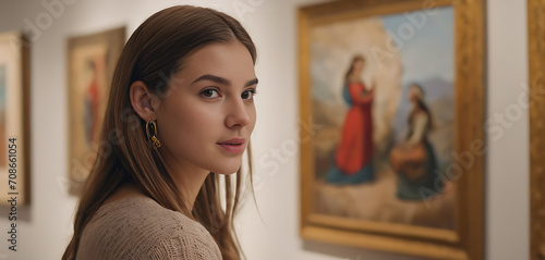 An art gallery scene with a girl appreciating artwork, with the pieces on the walls softly blurred