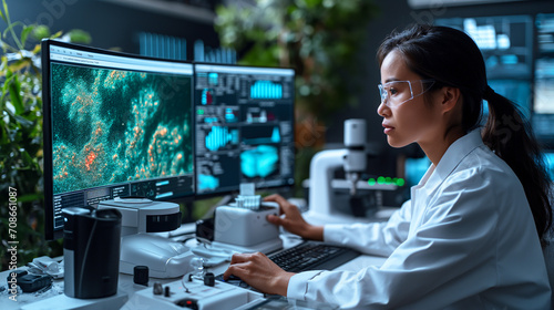 focused woman in a lab coat using a microscope and analyzing data on a computer screen, surrounded by scientific equipment photo