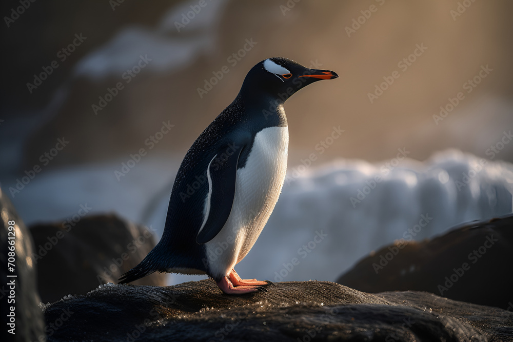 Fototapeta premium A penguin stands gracefully on a rock adjacent to the waters edge