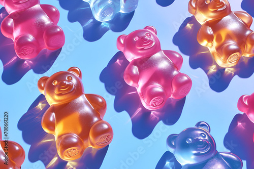 Jelly bears pattern with hard shadows, colorful gummy bears on colored background. Colorful gummy bears, vibrant shades. Assorted jelly candies in bear shapes. Sweet gummy bear treats, multiple colors photo