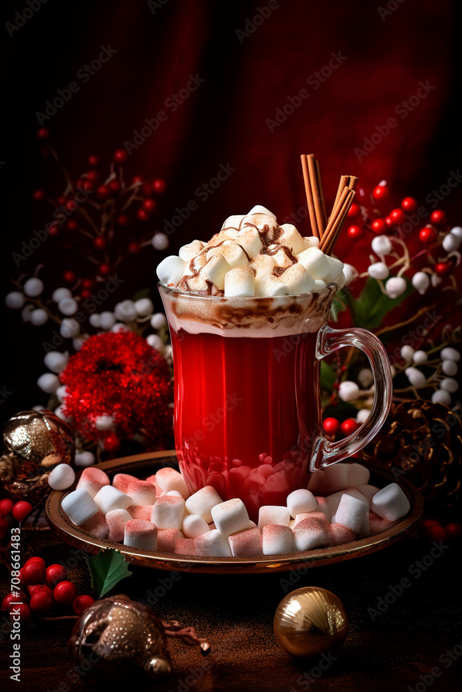Red cup of hot chocolate with marshmallows. Generative AI