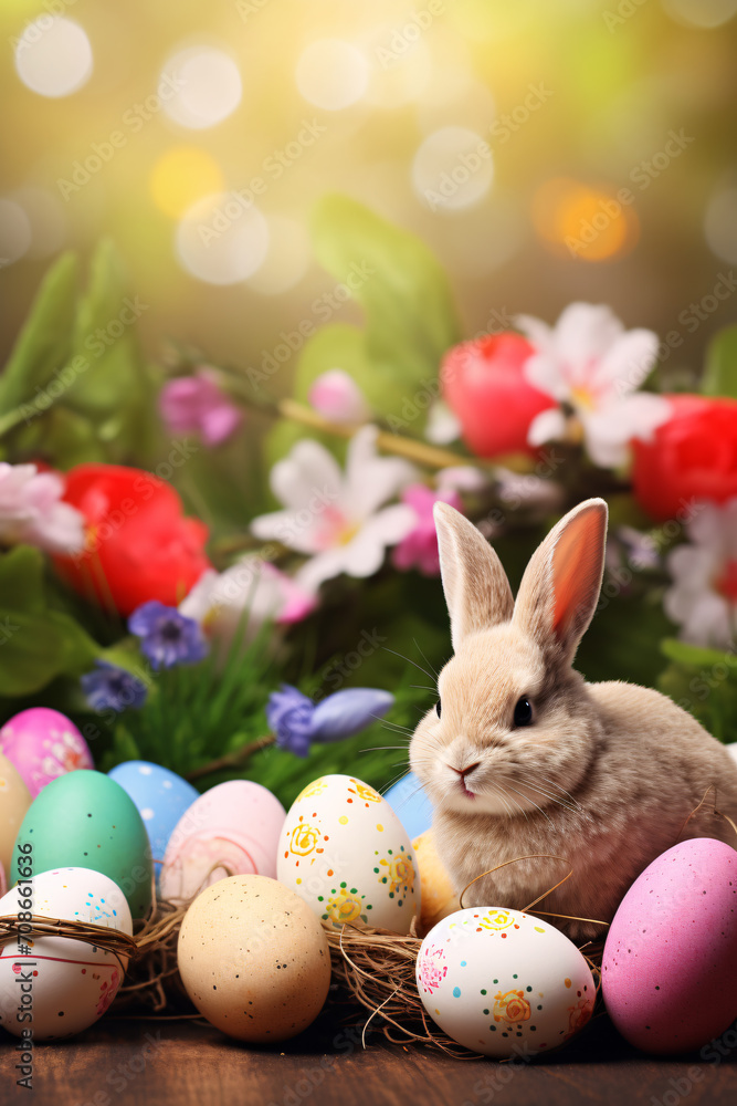Easter bunnies with Easter eggs are hiding in the flower garden. Happy Easter. Easter bunnies with Easter eggs are hiding in the flower garden. Happy Easter.