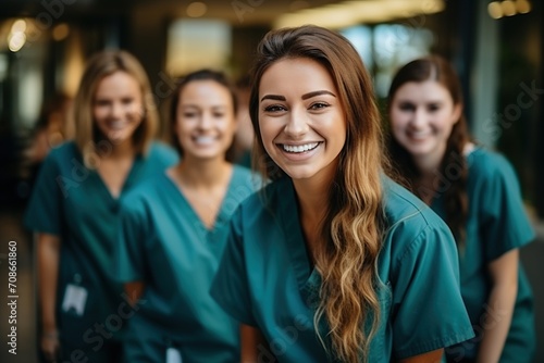 Portrait of a happy group of four female nurses in green scrubs © duyina1990