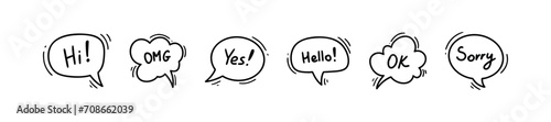 Doodle speech balloon with text. Cute line manga style cloud illustration. Hand drawn comic talk bubble frames. Line vector icons. Simple designed dialog box