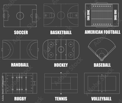Creative illustration of sport game fields marking isolated on black background. Graphic element for handball, tennis, american football, soccer, baseball, basketball, hockey, rugby, volleyball