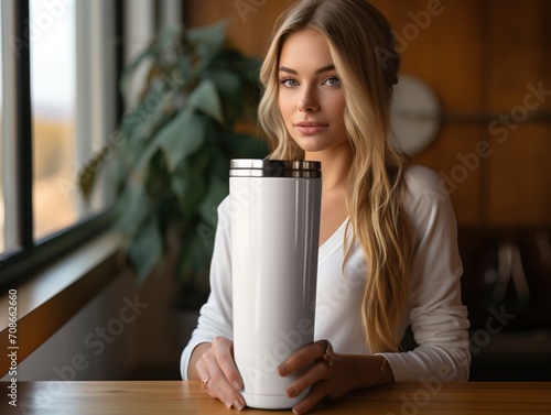 A beautiful blonde woman is holding a white tumbler