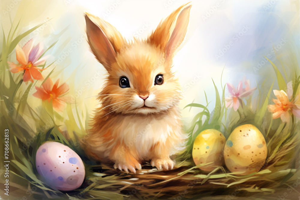 A cute bunny with Easter eggs is hiding in the tall grass. Happy Easter. Watercolor style.