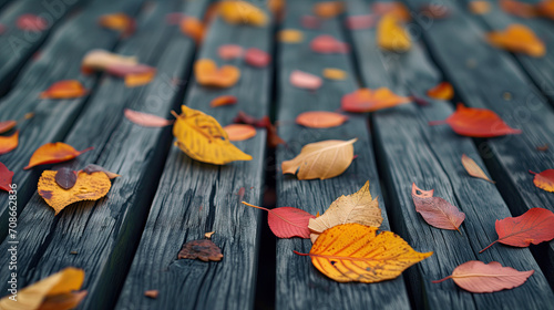 autumn leaves on wooden background photo