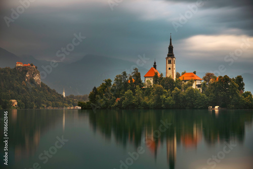 Amazing View On Bled Lake, Island,Church And Castle With Mountain Range