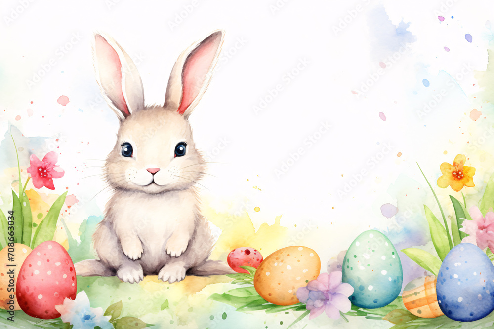 A lonely bunny with Easter eggs is waiting for someone to find him. Happy Easter.