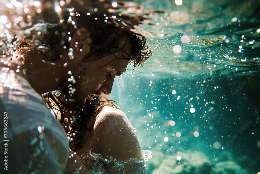 Obraz premium Underwater Intimacy: A Beautiful Portrait of a Couple Sharing a Kiss Below the Surface