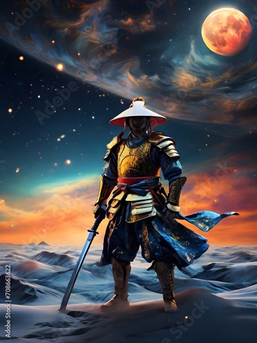 Moonlit Samurai: A Fantastical Fusion of Artistic Styles and Ethereal Imagery 