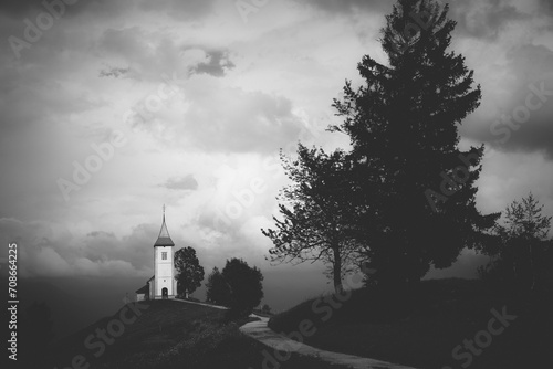St.Primoz church ,Jamnik, Slovenia - moody black and white photo