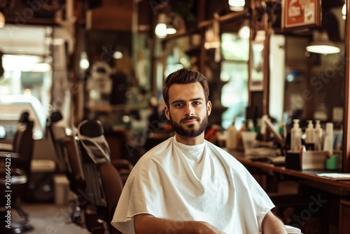 Handsome brunette bearded man sitting in the chair in barbershop and looking in the camera