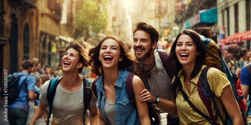 Young male and female backpackers travel the world