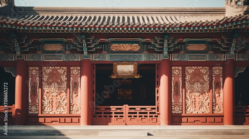 Traditional Chinese temple entrance featuring richly decorated doors with intricate carvings and historical architectural details.