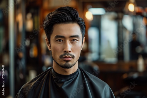 Handsome Asian brunette bearded man sitting in the chair in barbershop and looking in the camera