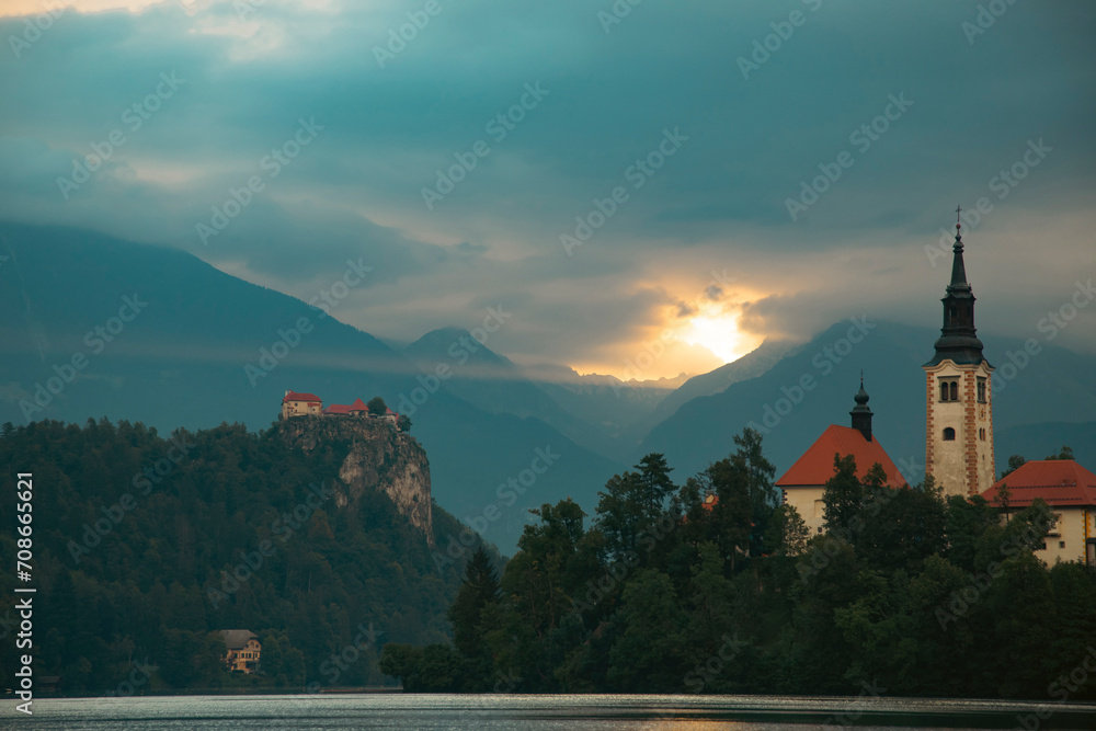 Fototapeta premium Amazing View On Bled Lake, Island,Church And Castle With Mountain Range
