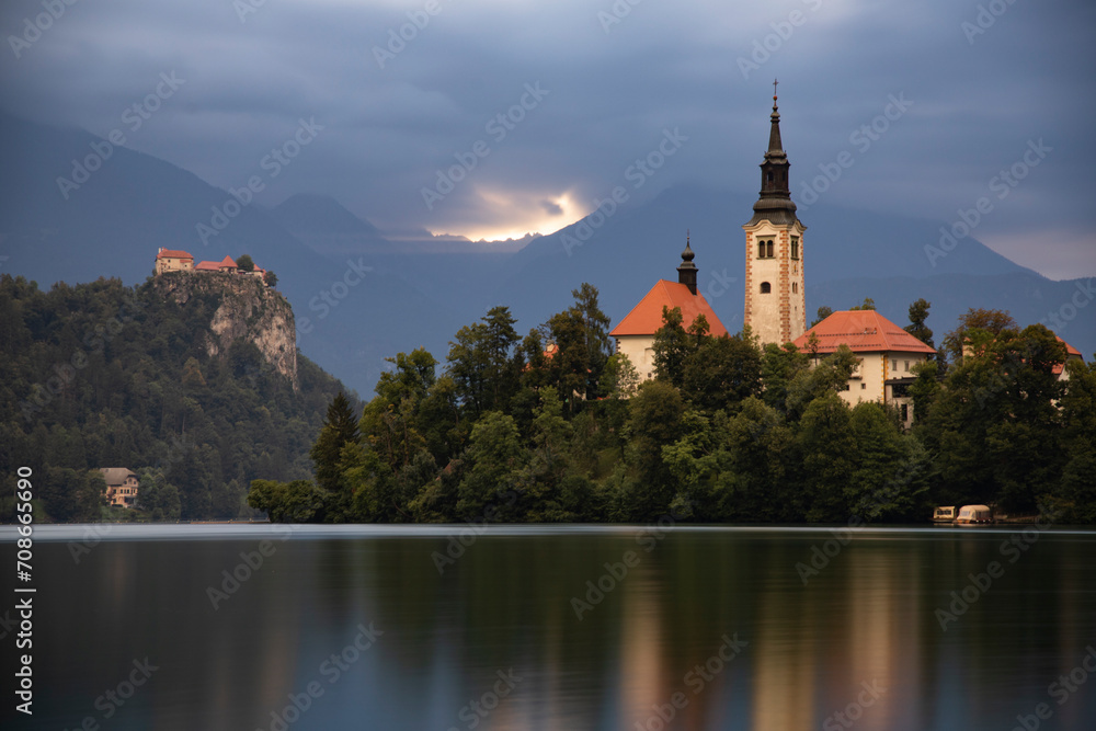 Amazing View On Bled Lake, Island,Church And Castle With Mountain Range