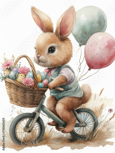 watercolor painting of a cute bunny riding a bicycle with balloons, easter egg basket in the back, on a white background