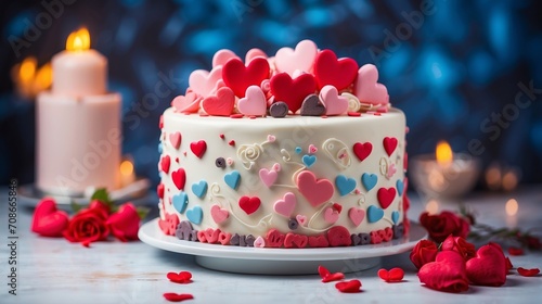 cake decorated with small hearts and roses. Romantic love concept. Valentine's, Mother's Day, Birthday Cake card Background. Horizonlal. photo