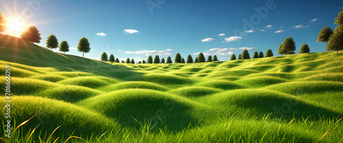 Landscape view of green grass field with blue sky background