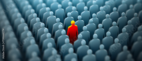Red figure standing out in a crowd of grey-blue figures, epitomizing individuality and the quest for the right person in HR, business, and social psychology contexts.