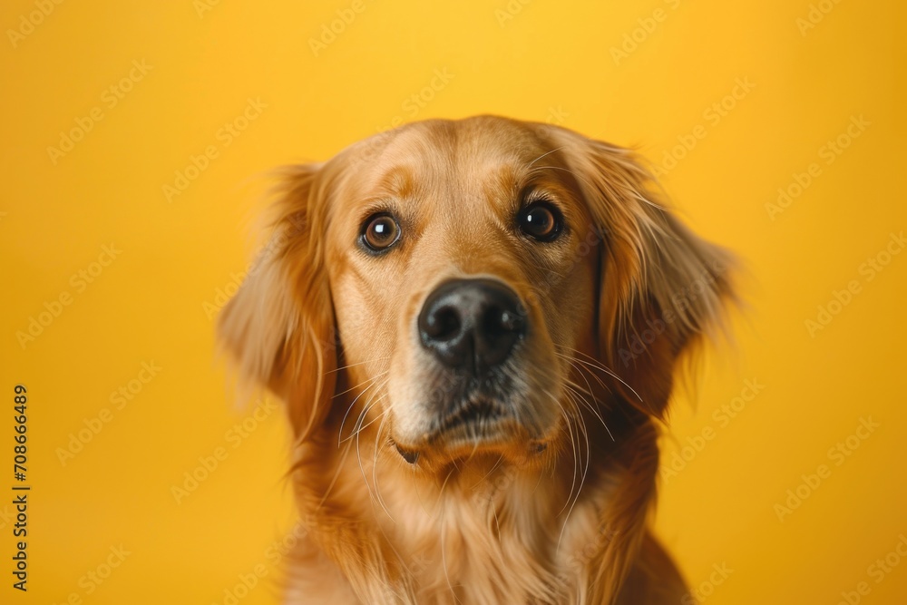 A golden retriever dog sitting in front of a yellow background. Perfect for pet-related designs and advertisements